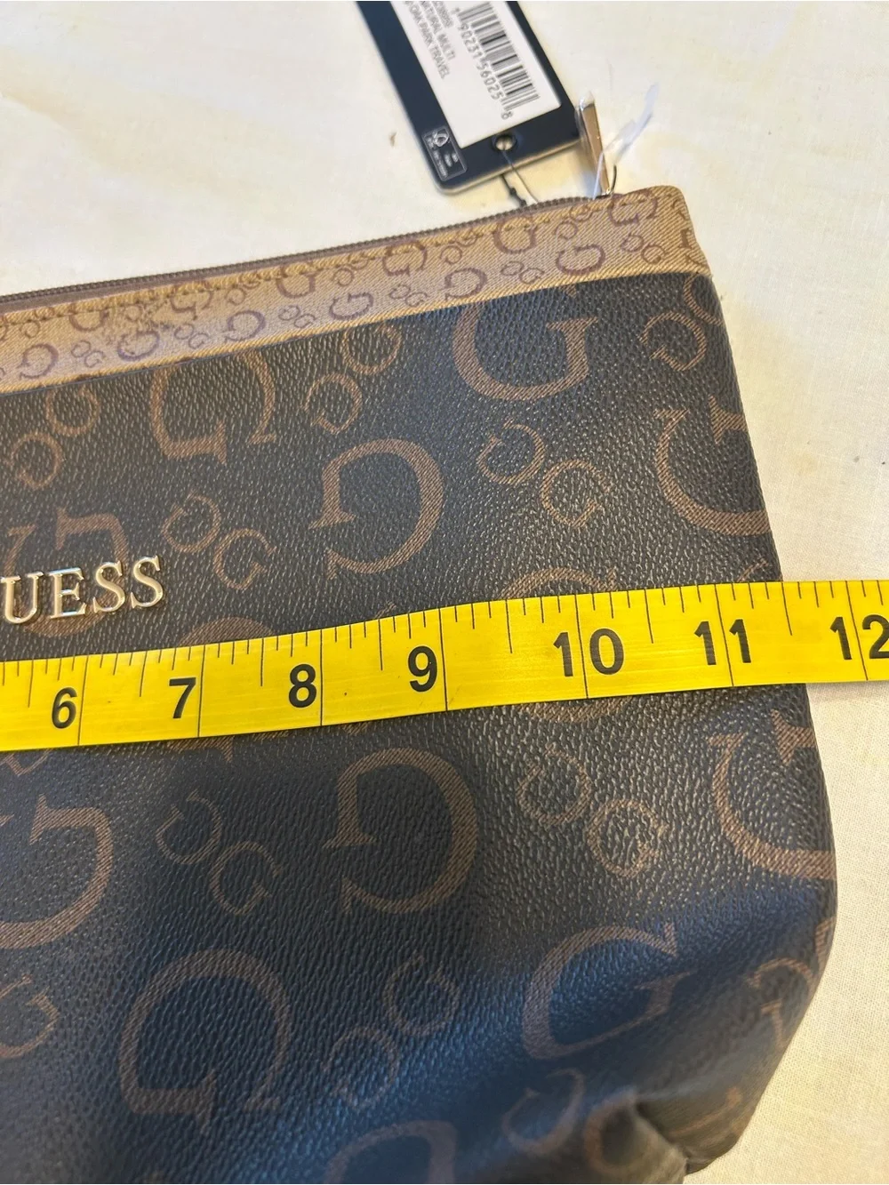 GUESS Brown Monogram Cosmetic Pouch with Gold Hardware